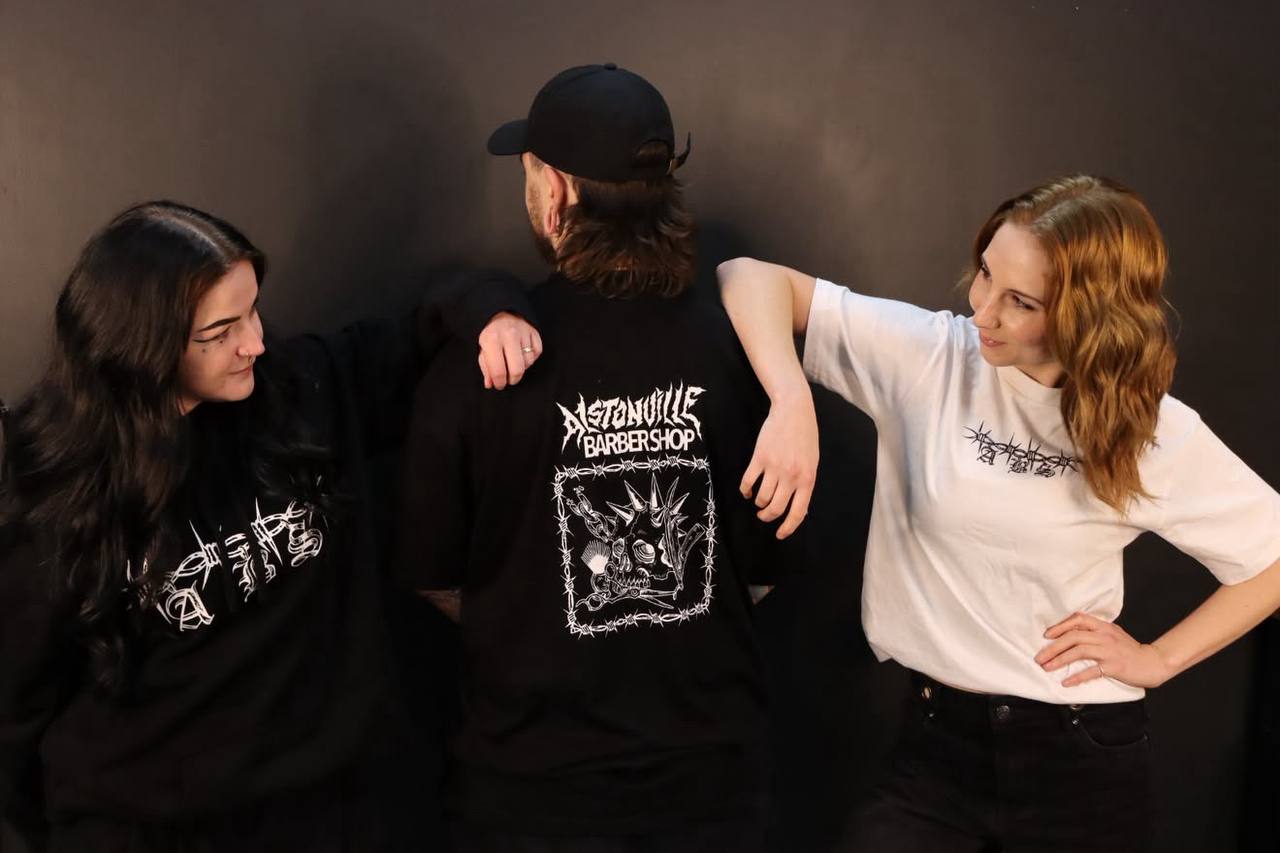 The crew in the ABS drop: black shirt back print, hoodie and white tee